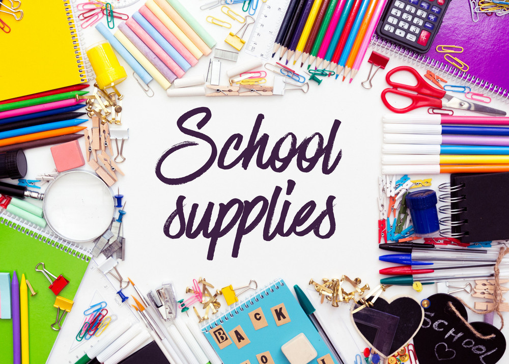 Words "School Supplies" surrounded by pencils, crayons, and other office supply items