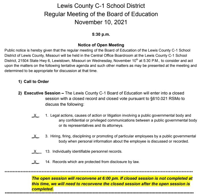 Image of the 11-10-21 Posted Board Agenda