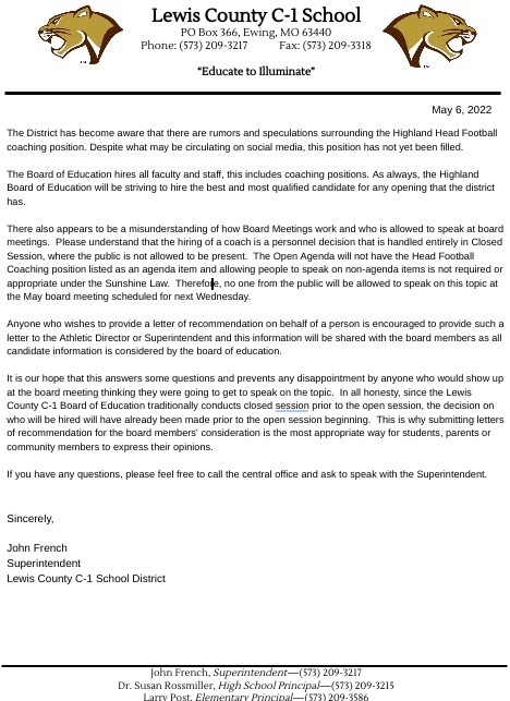 Image of letter to Highland constituents regarding the Highland HS Head Football Coaching position. Full letter is linked in the post.