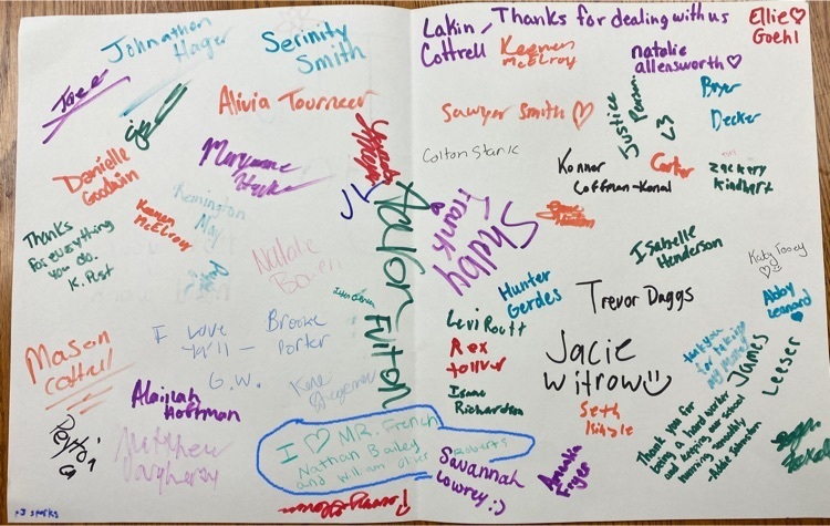Inside of thank you card with several student signatures!