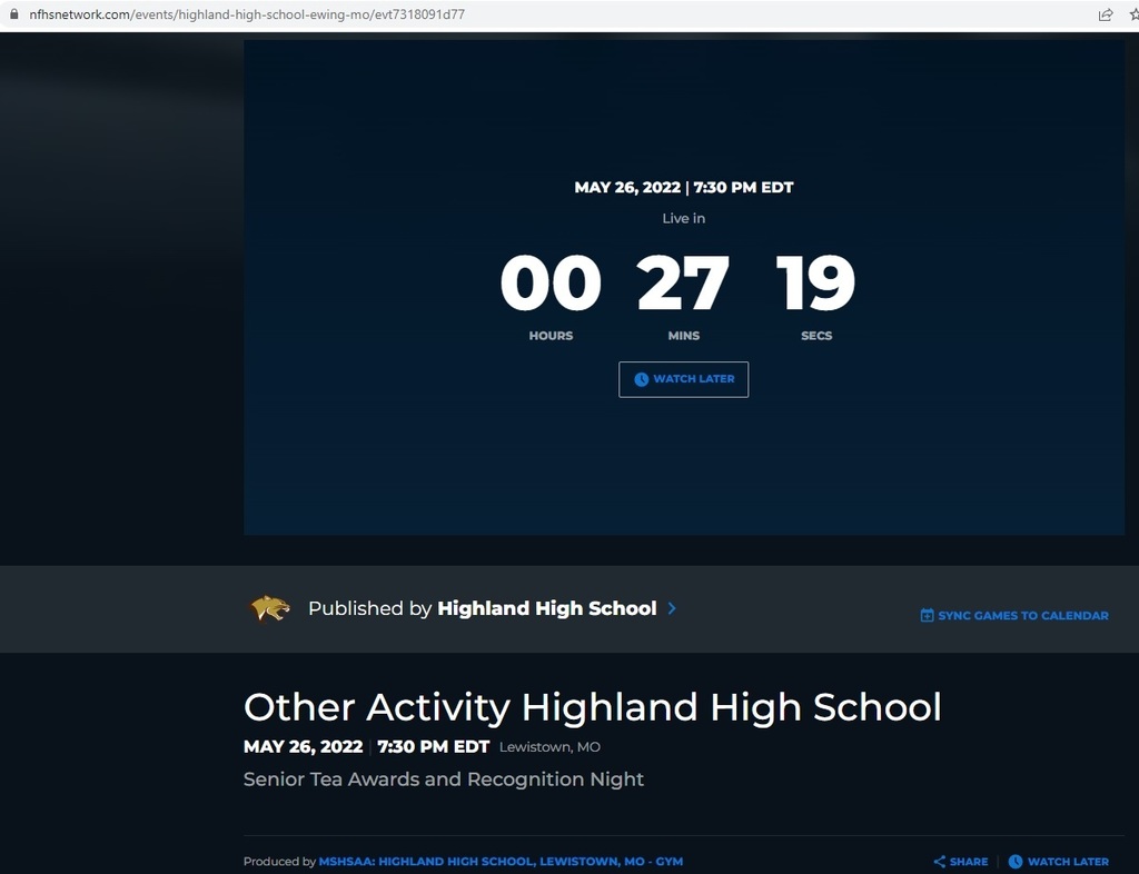Highland Senior Tea is being broadcast via live stream -- image shows 27 minutes and 19 seconds before it starts.  Official start time is 6:30pm.