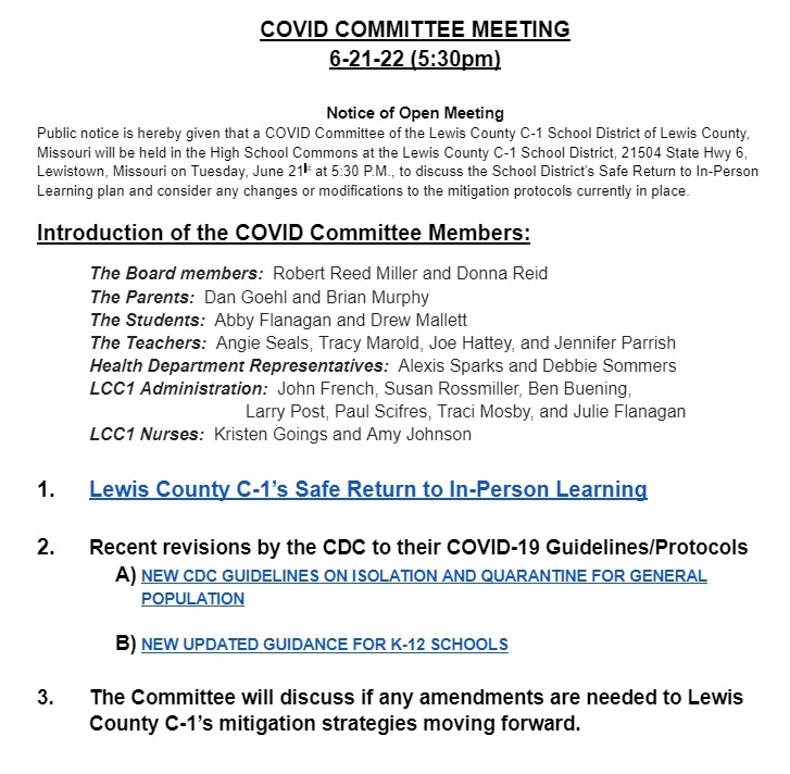 Image of the COVID Committee Meeting Agenda for 6-21-22 (full agenda linked in the post).