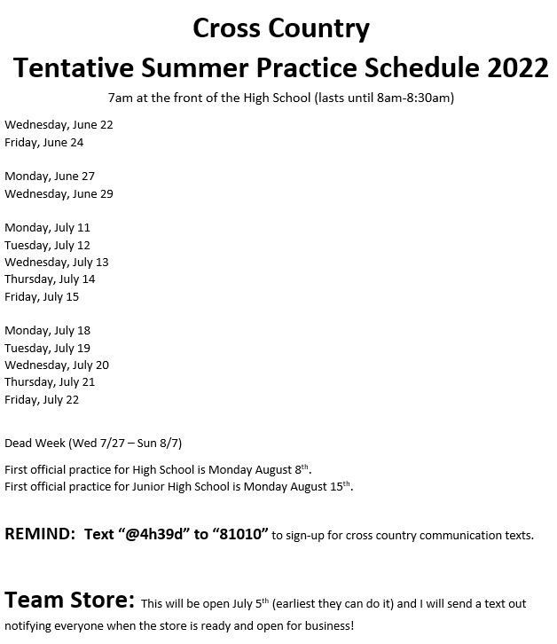 Image of the 2022 Summer Cross Country Practice Schedule