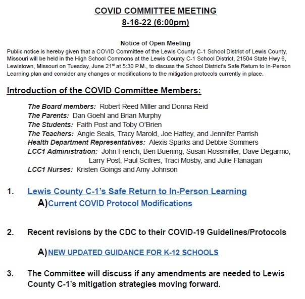 Image of COVID Committee Meeting Agenda for 8-16-22