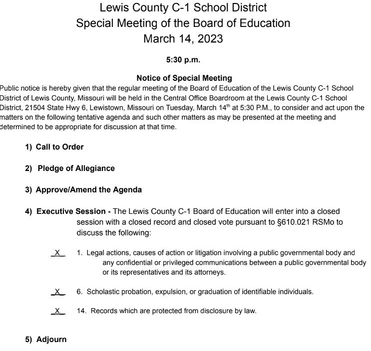 Image of Board Agenda for special meeting on 3-14-23 (full agenda is linked in the post).