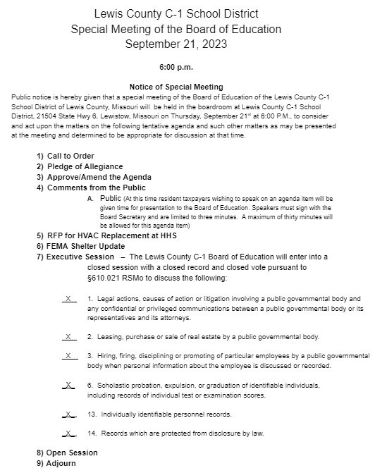 Image of the Board Agenda for the 9-21-23 Special Meeting